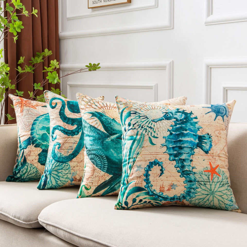 Sea Turtle Cushion Cover – Linen Throw Pillow Case 18x18 Inch