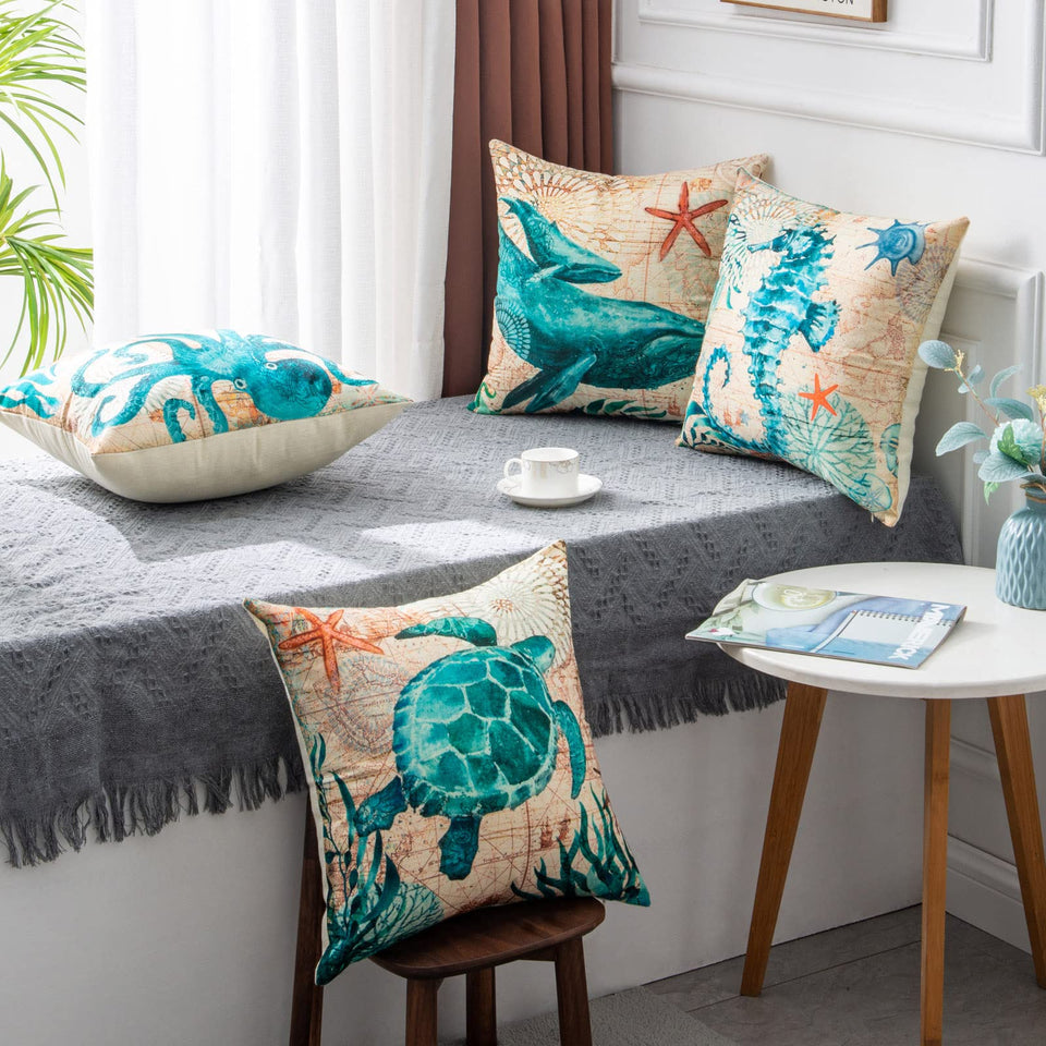 Sea Turtle Cushion Cover – Linen Throw Pillow Case 18x18 Inch