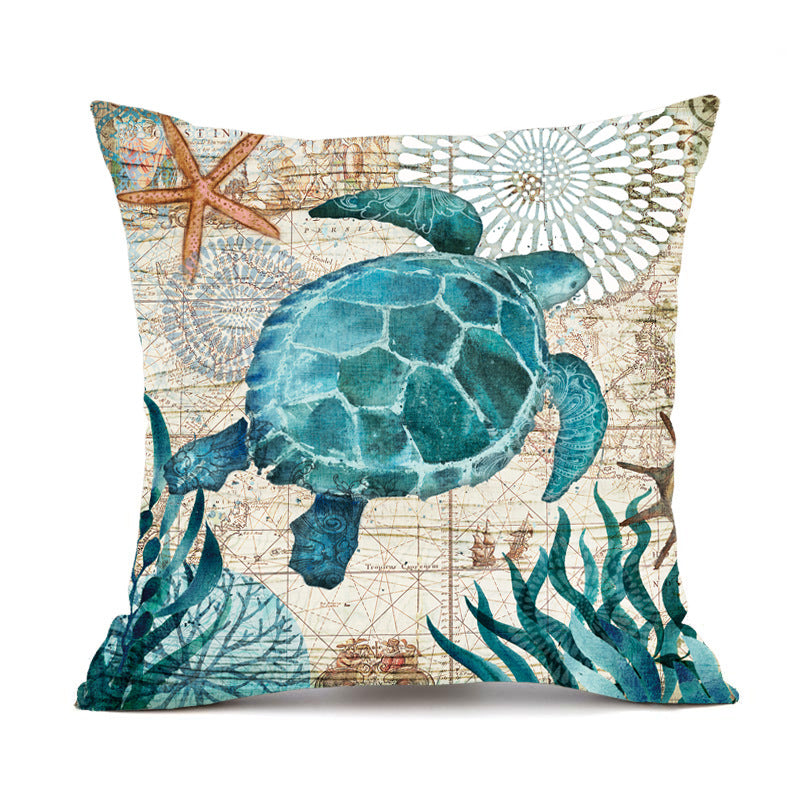 Sea Turtle Cushion Cover – Linen Throw Pillow Case 18x18 Inch