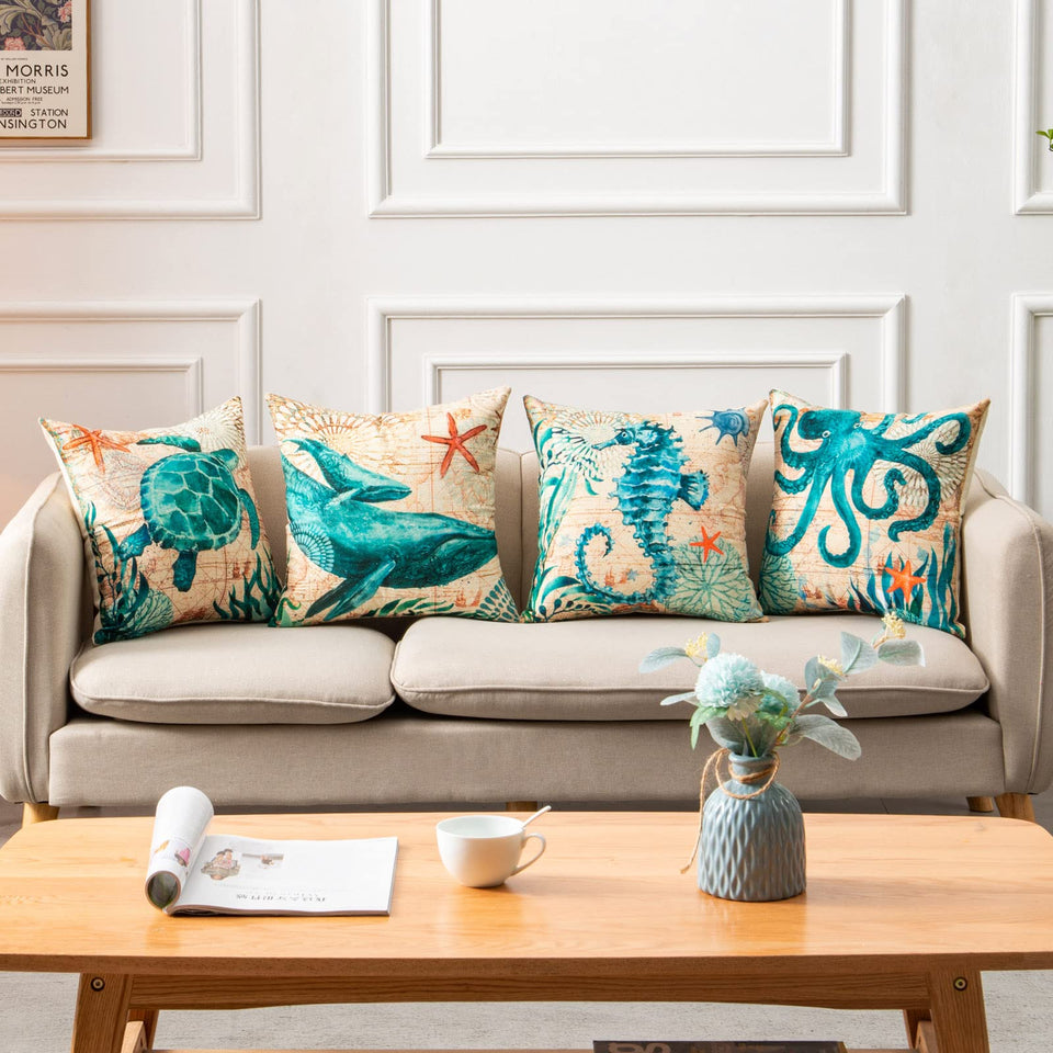 Sea Turtle Cushion Cover – Linen Throw Pillow Case 18x18 Inch