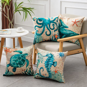Sea Turtle Cushion Cover – Linen Throw Pillow Case 18x18 Inch