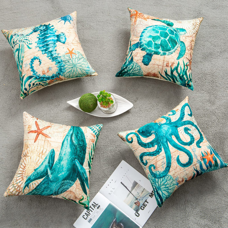 Sea Turtle Cushion Cover – Linen Throw Pillow Case 18x18 Inch